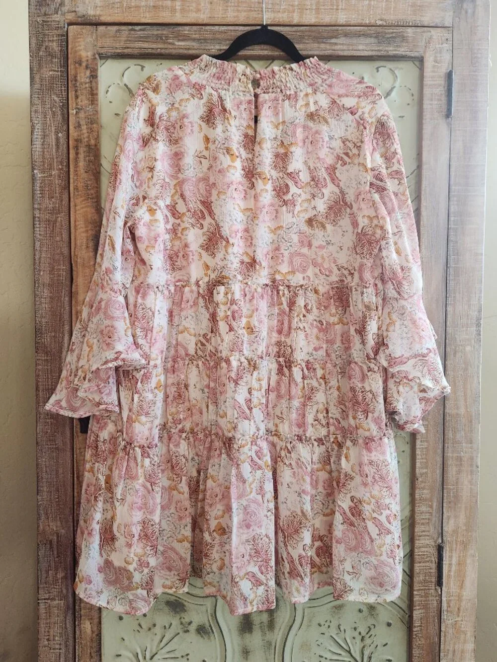 Fleastyle Tiered Sheer Floral Ruffled Bell Sleeves Mini Dress | XL